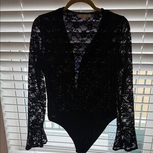 Wayf Black Lace Long Sleeve Bodysuit